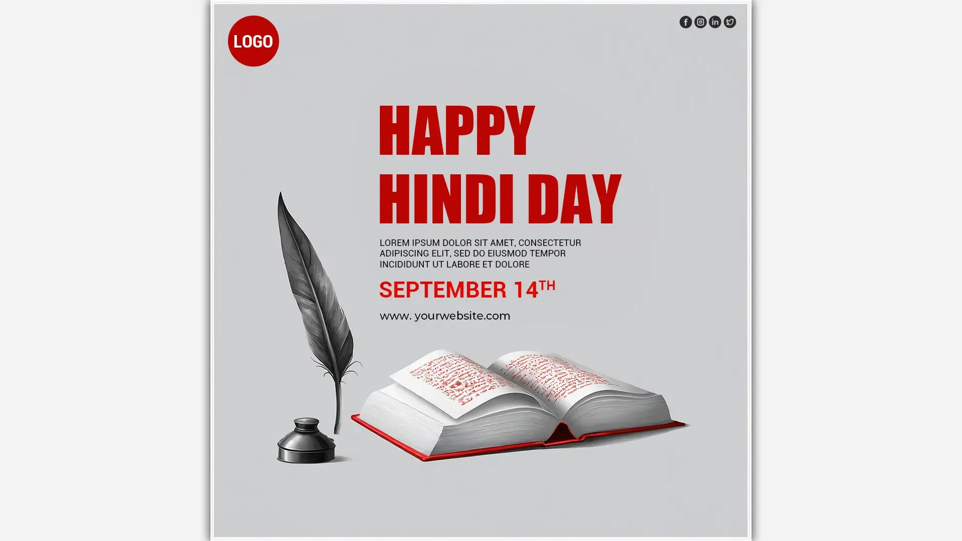 Hindi Day Instagram Post Template with Feather Pen And Book image